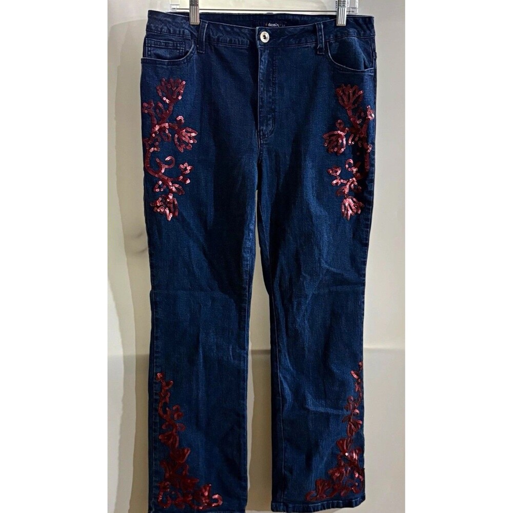 denim 24/7 Women’s Dark Wash Blue Denim Straight Jeans Sequin Floral Sz 14W
